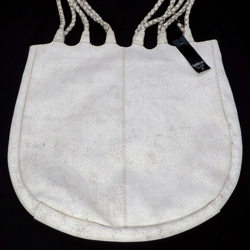 Latico Crackle White Ginny Leather Tote Bag Braided Handle Straps Shoulder Purse - Picture 2 of 5
